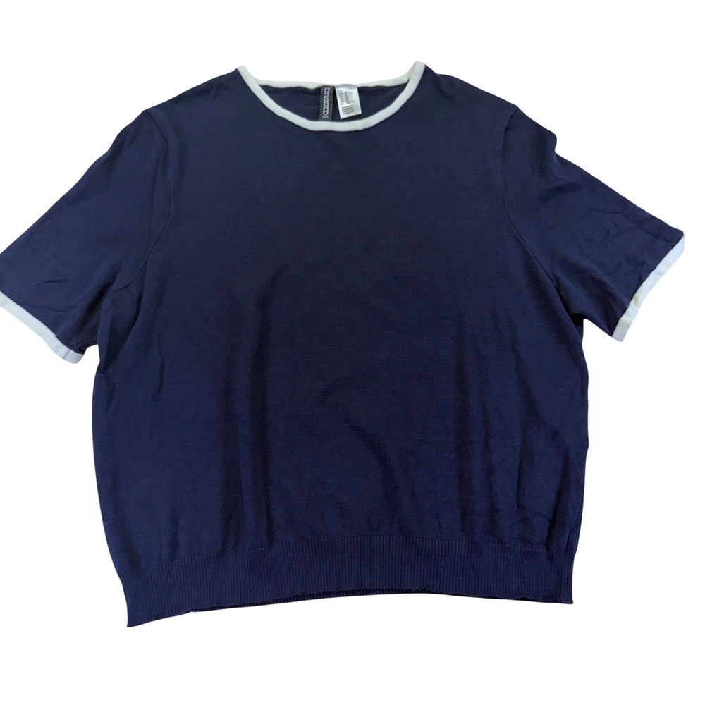 H&M Divided Navy Blue Ringer Short Sleeve Sweater Crew Neck XL 1034C5